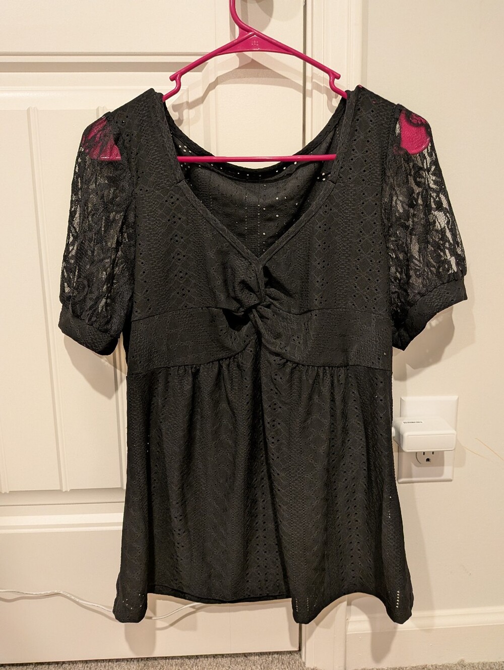 Black Lace Sleeve V-Neck Women's Top